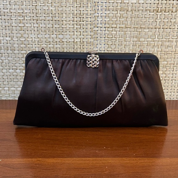 🌟HP🌟VTG 1960s Harry Levine Black Satin Hombre Evening Clutch Silver Clasp - Picture 1 of 12